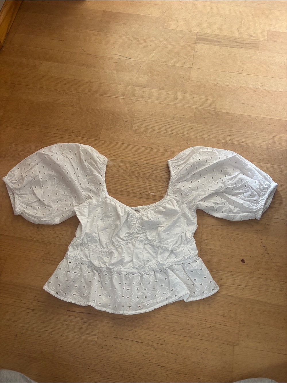 a new day White Eyelet Puff-Sleeve Peplum Blouse